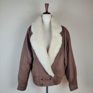 VTG Adventure Bound Jacket Medium Brown Leather Bomber‎ Aviator Faux Fur Trim